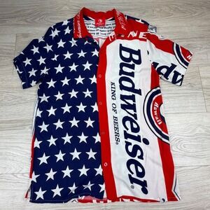 T&C Surf Designs Budweiser American Flag Rayon Shirt Mens Medium Red White Blue